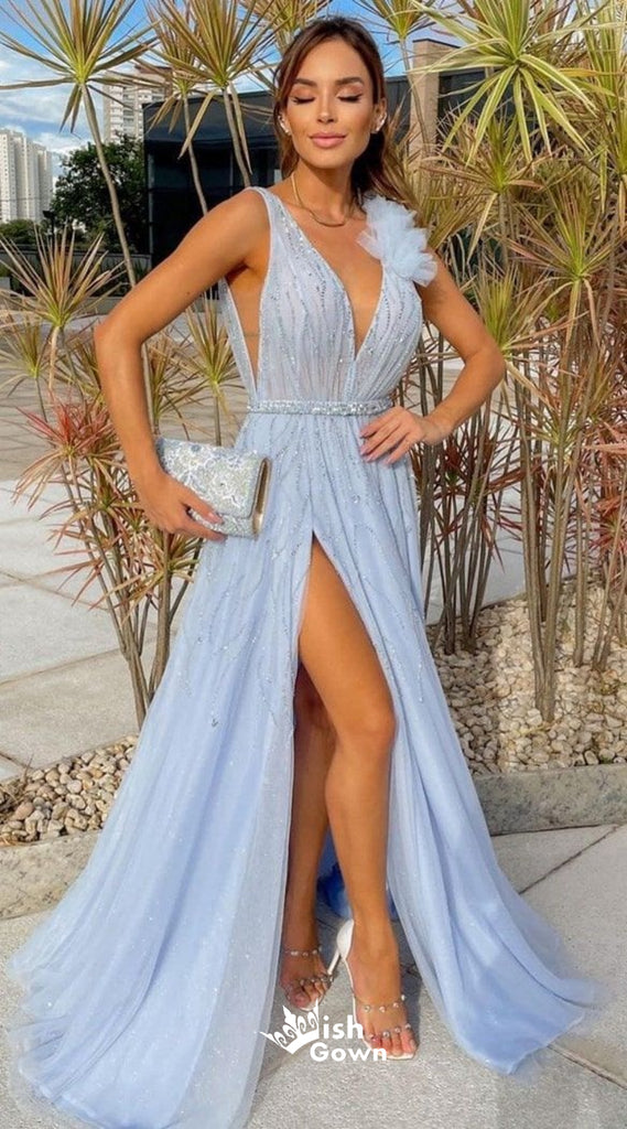 Sexy Blue Side Slit V Neck Long Party Dress Prom Dresses,Evening Dress Online, WGP929