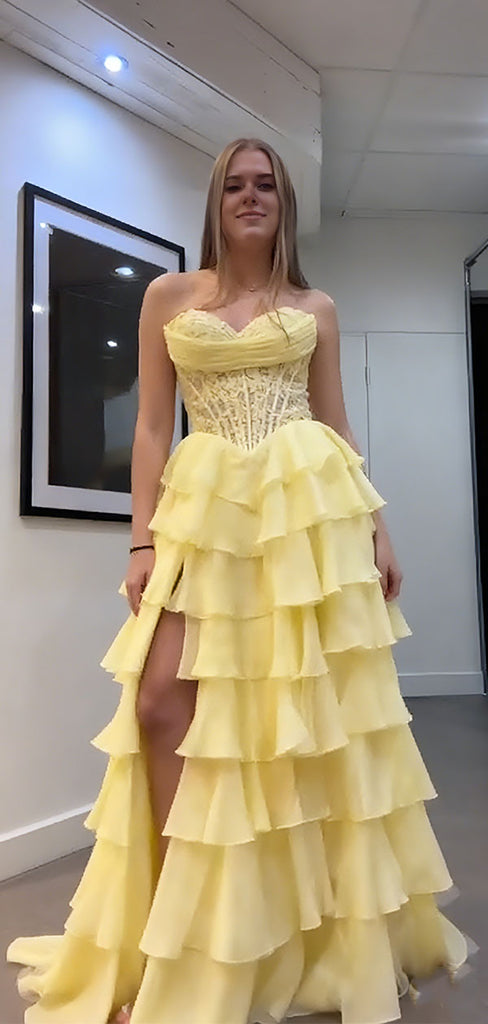 Unique Yellow Tiered Ruffle Prom Dress Strapless Corset Bodice Tulle Ball Gown with Slit,WGP2056