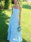 Classy Blue Strapless Ruched Chiffon Prom Dress Tiered Ruffle Formal Maxi Gown,WGP2184