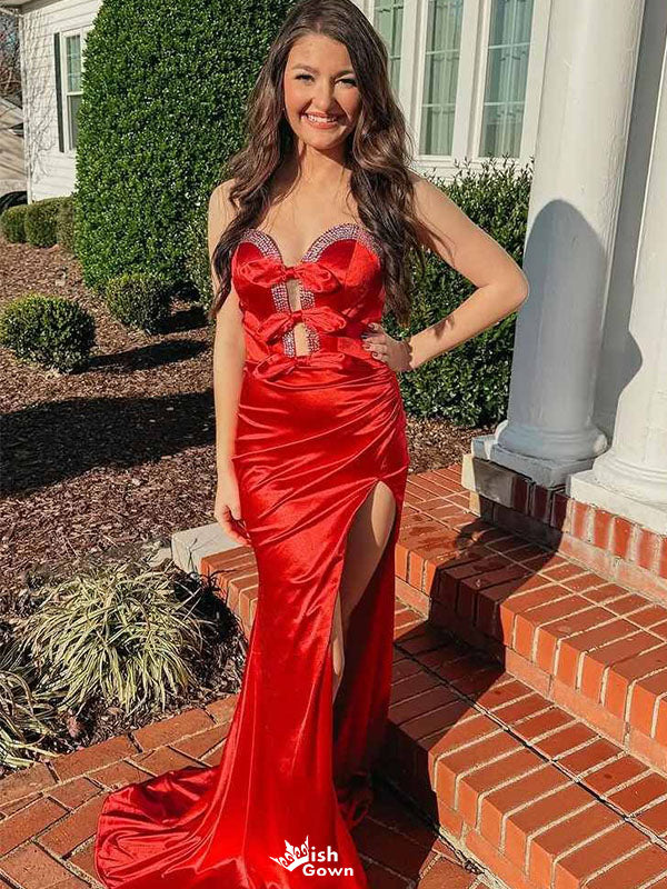 Elegant Red Sweetheart Mermaid Side Slit Long Prom Dress Ideas, Evening Party Dresses, WGP2013