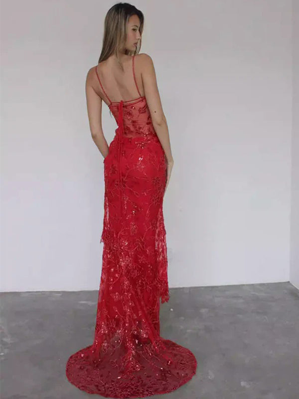 Sexy Red Spaghetti Strap Mermaid Lace Sleeveless Party Prom Dresses,Evening Dress Online, WGP861