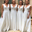 Elegant White V-Neck Spaghetti Strap A-Line Sleeveless Wedding Guest Bridesmaid Dresses,WGM404