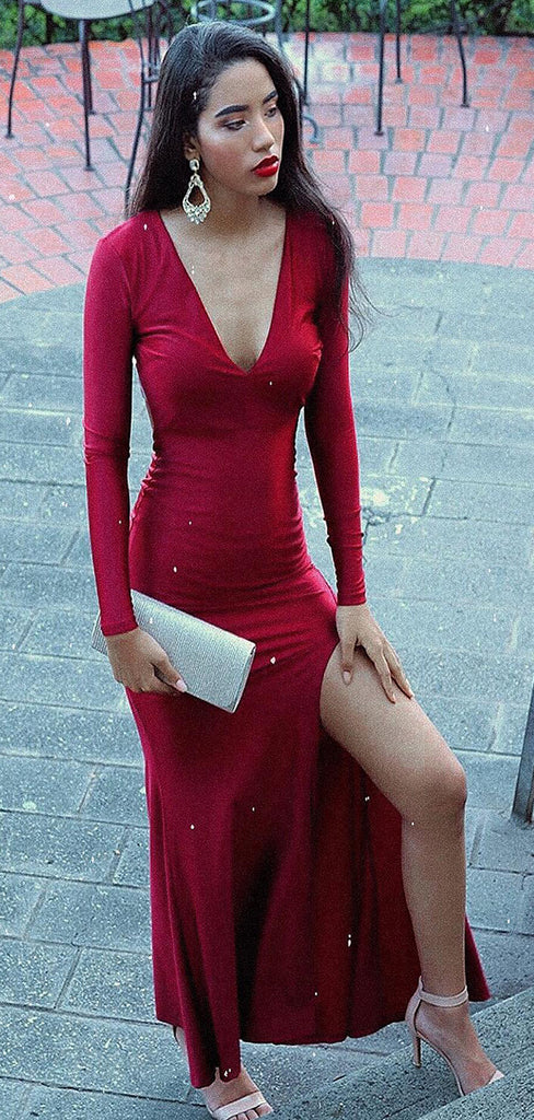 Sexy Red V-Neck Mermaid Side Slit Long Sleeve Party Prom Dresses,Evening Dress Online, WGP862