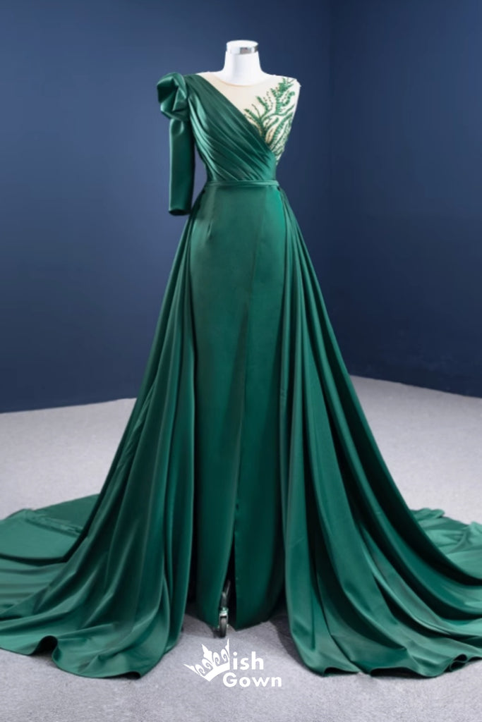 Gorgeous Green Single Long Sleeve Illusion A-line Lace up Back Party Dress Long Prom Dresses to Impress, WGP951