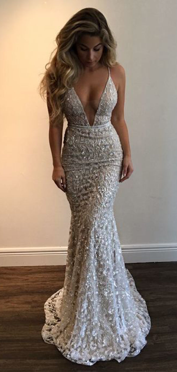 Sexy White Mermaid V-Neck Spaghetti Strap Lace Popular Long Evening Dr Wish Gown Sexy White Mermaid V-Neck Spaghetti Strap Lace Popular Long Evening Dr Wish Gown