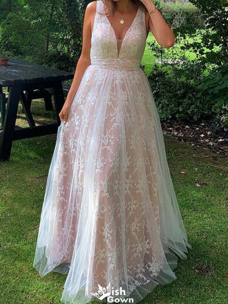 Gorgeous V-neck Notched Lace A-line Long Prom Dress Ideas, Evening Party Dresses,WGP1231