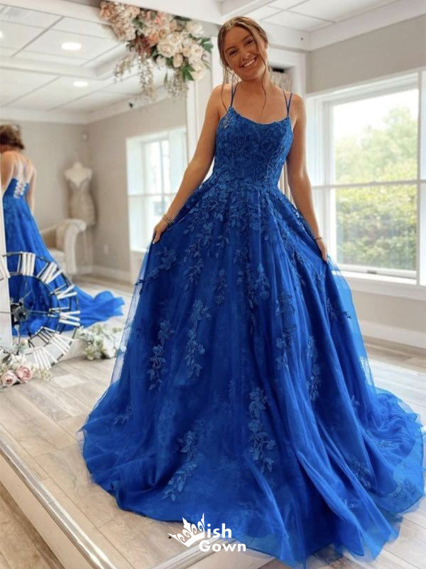 Elegant Blue A-Line Spaghetti Strap Lace Popular Long Evening Dresses, Formal Dresses, Birthday Party, WGP584