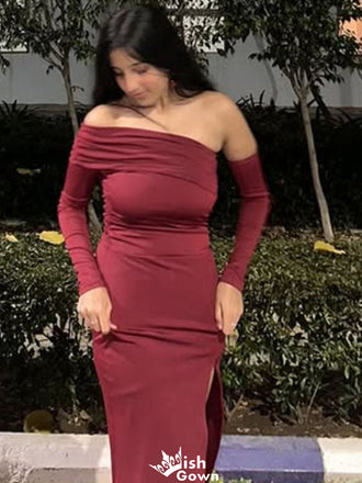 Elegant One-shoulder Long Sleeve Sheath Long Prom Dress Ideas, Evening Party Dresses,WGP1256
