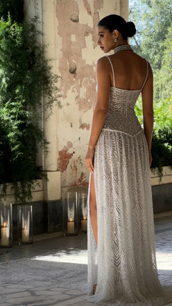 Sexy White Spaghetti Strap Mermaid Side Slit Long Prom Dress Ideas, Evening Party Dresses,WGP1868