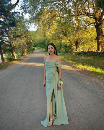 Elegant Green Off-Shoulder Side Slit Long Prom Dress Ideas, Evening Party Dresses,WGP1855
