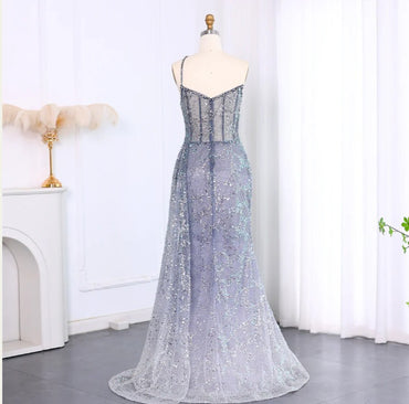 Shiny Blue One-Shoulder Mermaid Side Slit Long Prom Dress Ideas, Evening Party Dresses,WGP1624