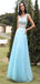 Elegant Blue A-Line Illusion Sleeveless Sequins Beading Long Formal Prom Gowns,Evening Dresses,WGP351