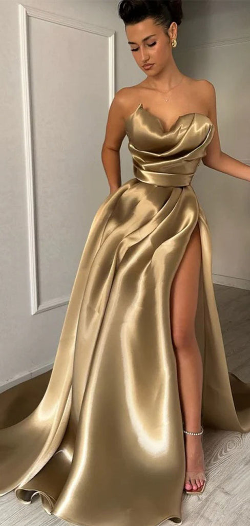 Fancy Gold Satin Strapless High Slit A-Line Formal Dresses, Long Prom Dresses,WGP2063