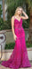Elegant Fuchsia Lace Mermaid Prom Dress Sheer Corset Bodice Spaghetti Strap Formal Gown,WGP2089