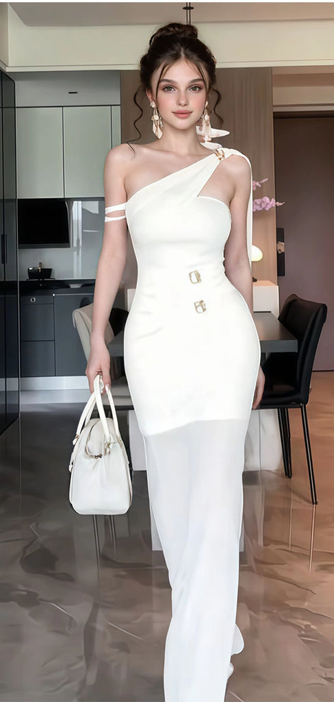 Elegant White One-Shoulder Mermaid Long Prom Dress Ideas, Evening Party Dresses,WGP1800
