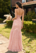 Sparkly Pink Lace Mermaid Prom Gown Sequined Halter Neck High Slit Dress,WGP2212
