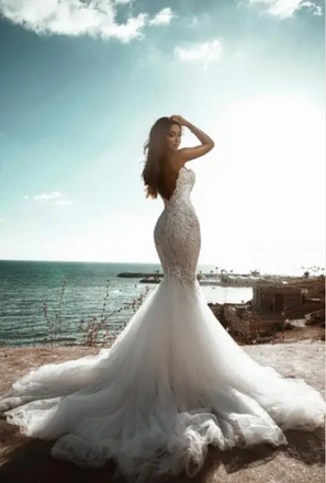 Sexy White Sweetheart Lace Mermaid Long Weddingc Dresses With Sweep Trailing ,WDH168