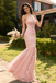 Sparkly Pink Lace Mermaid Prom Gown Sequined Halter Neck High Slit Dress,WGP2212