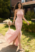 Sparkly Pink Lace Mermaid Prom Gown Sequined Halter Neck High Slit Dress,WGP2212