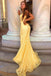 Unique Yellow Lace Applique Mermaid Prom Dress with Deep V-Neck Formal Gown,WGP2097