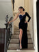 Unique Black One-Shoulder Mermaid Side Slit Long Prom Dress Ideas, Evening Party Dresses,WGP1963