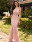 Sparkly Pink Lace Mermaid Prom Gown Sequined Halter Neck High Slit Dress,WGP2212