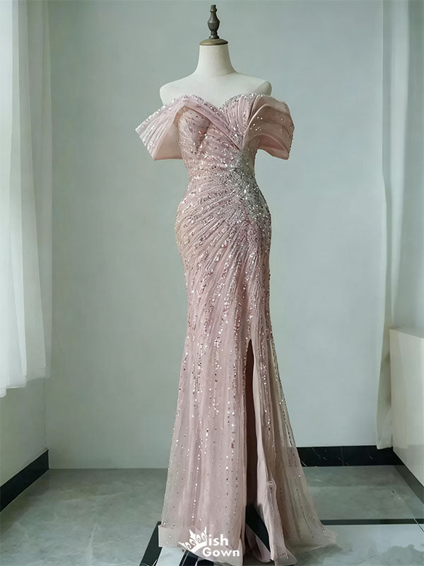 Sparkly Pink Off-Shoulder Mermaid Side Slit Long Prom Dress Ideas, Evening Party Dresses,WGP1753