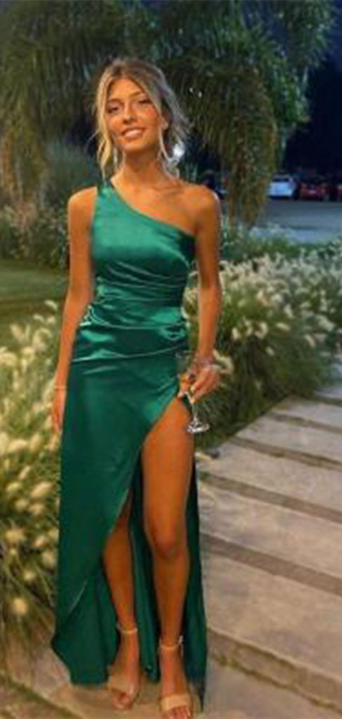 Sexy Emerald Mermaid One Shoulder Side Slit Cheap Maxi Long Party Prom Gowns,Evening Dresses,WGP425