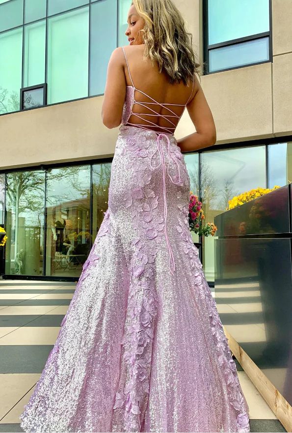 Elegant Light Purple Mermaid Spaghetti Straps Side Slit Applique Sequin Cheap Maxi Long Party Prom Gowns,Evening Dresses,WGP442