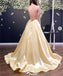 Elegant Light Yellow V Neck Spaghetti Straps A-line Long Party Dress Prom Dresses,WGP988