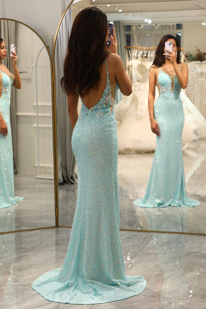 Elegant Light Blue Mermaid Sweetheart Spaghetti Straps Backless Applique Sequin Maxi Long Party Prom Gowns,Evening Dresses,WGP384