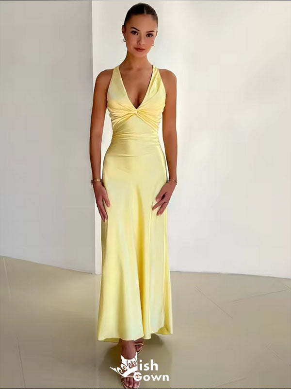 Elegant Yellow V Neck Sheath Long Party Dress Prom Dresses,WGP1007