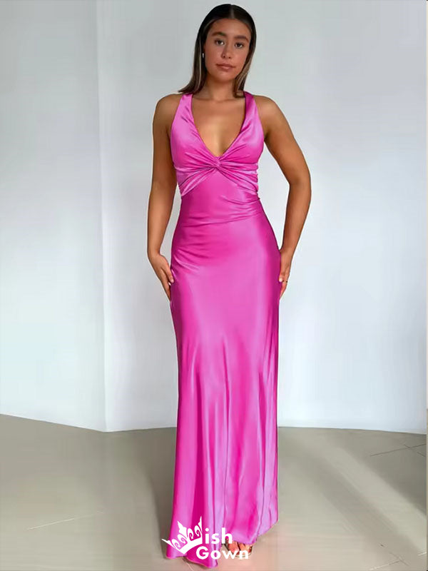 Elegant Fuchsia V Neck Sheath Long Party Dress Prom Dresses,WGP1008