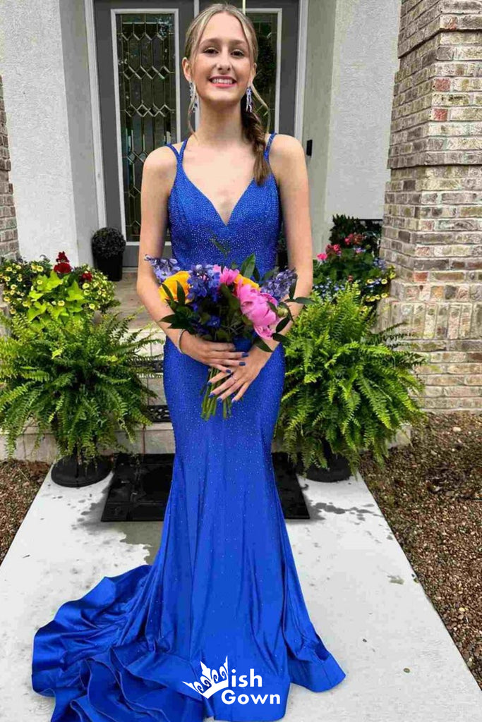 Gorgeous Blue V Neck Mermaid Long Party Dress Prom Dresses with Trailing,WGP1010