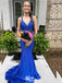 Gorgeous Blue V Neck Mermaid Long Party Dress Prom Dresses with Trailing,WGP1010