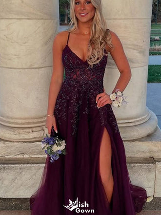 Sexy V-neck Spaghetti Strap Lace A-line Long Prom Dress Ideas, Evening Party Dresses,WGP1354
