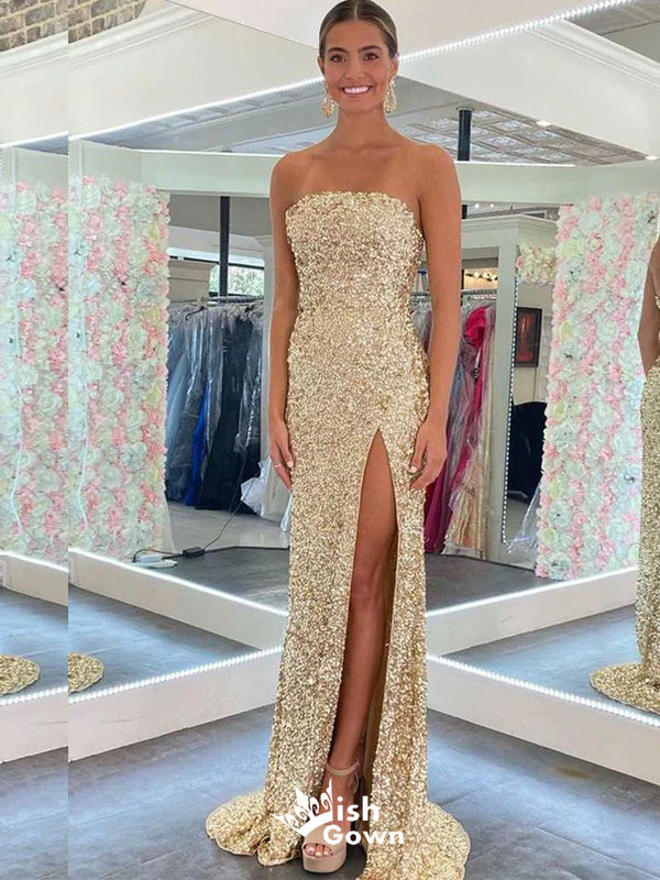Shiny Gold Strapless Straight Neck Mermaid Side Slit Long Party Dress Wish Gown Shiny Gold Strapless Straight Neck Mermaid Side Slit Long Party Dress Wish Gown