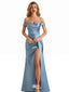 Sexy Side Slit Off The Shoulder Beaded Soft Satin Mermaid Long Prom Dress Ideas, Evening Party Dresses , WGP1868