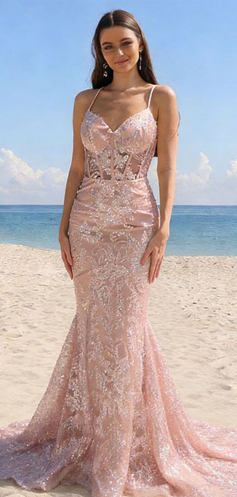Elegant Pink Mermaid Prom Gown Lace Applique Sheer Corset Bodice Sparkling Beach Party,WGP2083