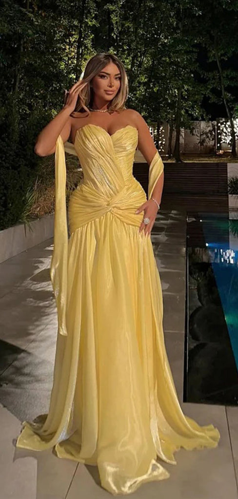 Unique Strapless Ruched Yellow Chiffon A-Line Prom Dresses, Evening Party Dresses,WGP2064