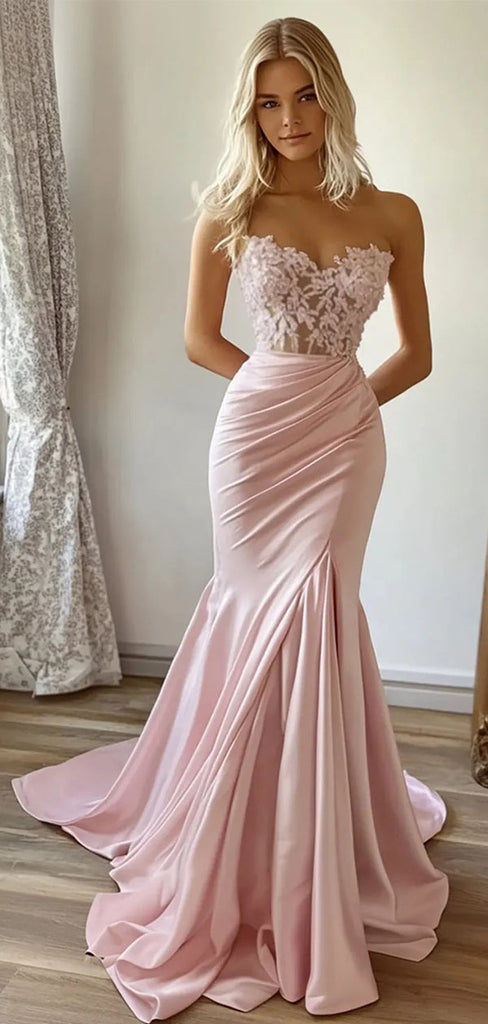 Sexy Blush Pink Satin Mermaid Prom Dress Strapless Ruched Party Gown,WGP2131