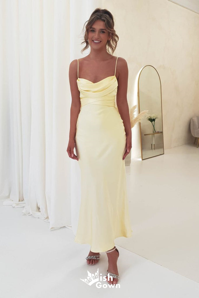 Stylish Yellow Spaghetti Straps Satin Sheath Long Prom Dresses ,WGP1062