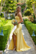 Classy Yellow Satin Strapless Prom Gown Modern Cowl Neck High Slit Corset Party Dress,WGP2094