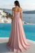 Chic Off-The-Shoulder Chiffon Prom Dress Pink Pleated A-Line Formal Gown,WGP2213