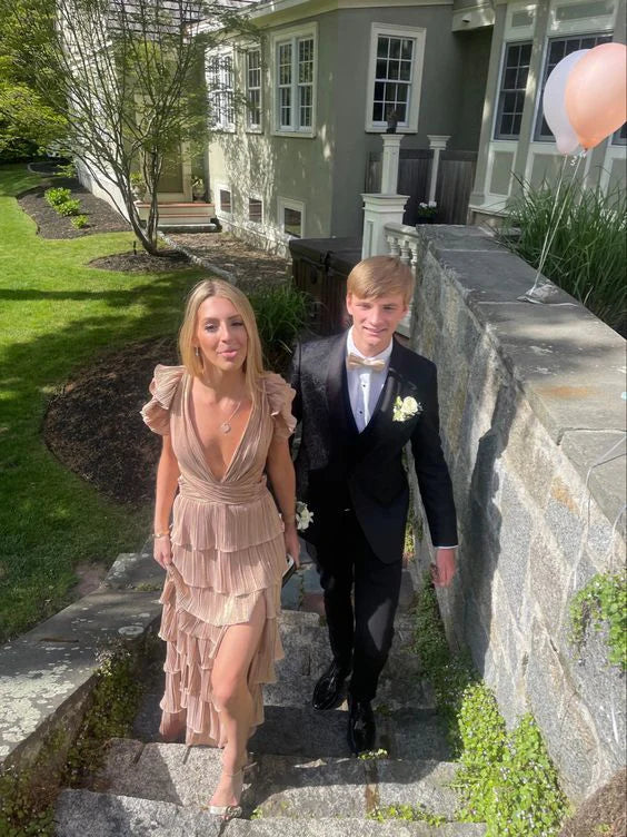 Elegant Champagne V-Neck Mermaid Long Prom Dress Ideas, Evening Party Dresses,WGP1843