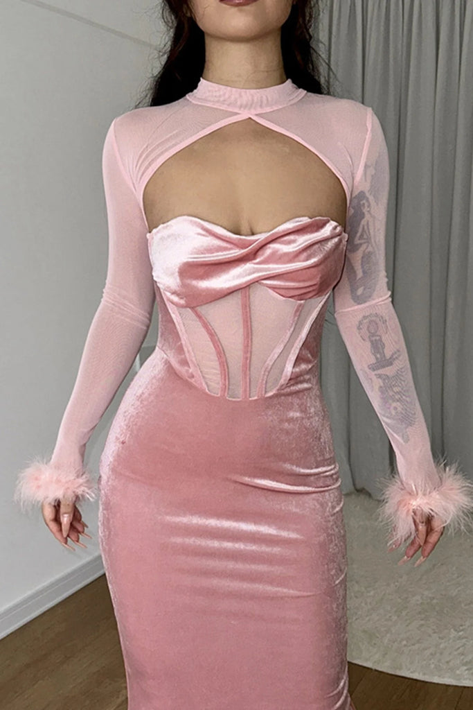 Sexy Pink Velvet Long Sleeve Mermaid Long Prom Dress Ideas, Evening Party Dresses,WGP1754