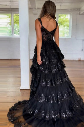 Sexy Black Spaghetti Strap High Low Long Prom Dress Ideas, Evening Party Dresses, WGP1593