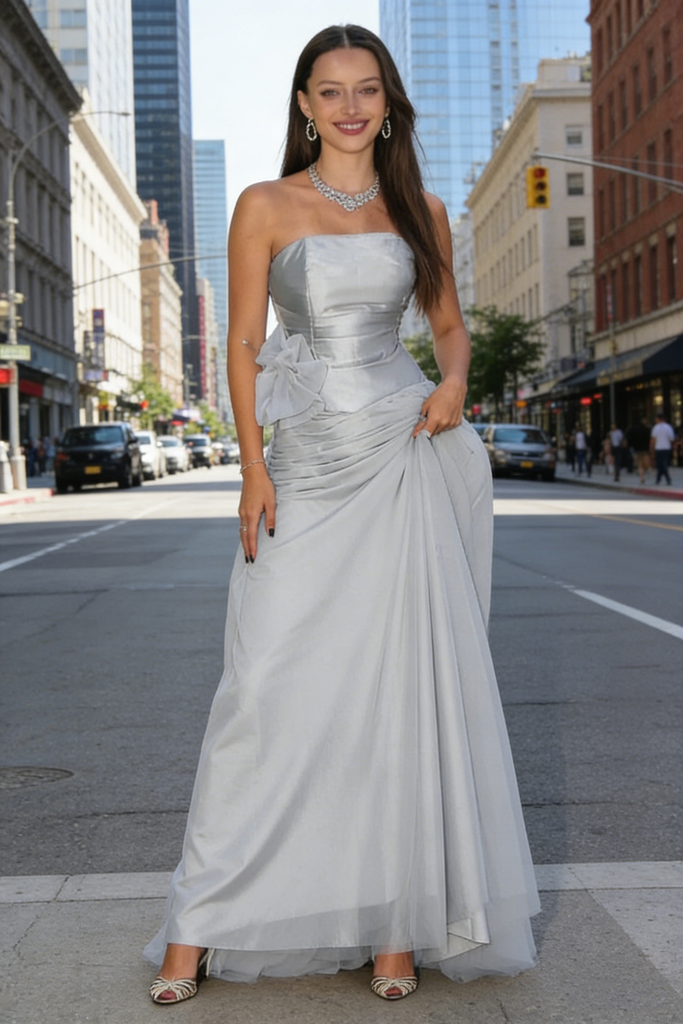 Classy Silver Grey Tulle A-Line Prom Gown Strapless Corset Formal Evening Wear,WGP2202