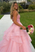 Unique Pink Tiered Tulle Ball Gown Strapless Applique Formal Prom Dress,WGP2146