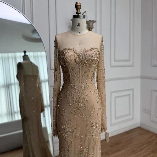 Shiny Gold Long Sleeve Mermaid Lace Applique Long Prom Dress Ideas, Evening Party Dresses,WGP1686